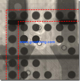 BGA錫球尺寸小于0.4mm，采用降低BGA內(nèi)圍襲球的錫膏量所得到X-Ray，稍微留意一下可以發(fā)現(xiàn)最外圈的錫量(圓的直徑)比其他內(nèi)圍的錫球上的錫量來得多一點點。也就是外圈的黑色圓形直徑比內(nèi)圈的圓形來得大一點點。