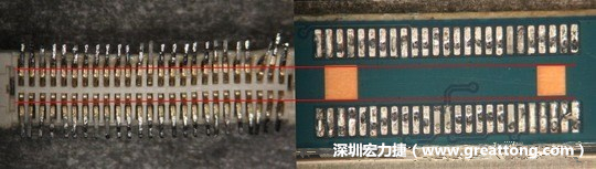 把板對板連接器與其電路板的佈線焊墊作一個比較，端子的切斷面有毛邊的地方剛好對到了裸銅區(qū)。