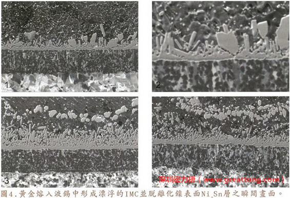 下面四張圖片為放大4500倍的SEM圖像，說明在回流焊爐熱量不足的情況下，黃金成份正要從鎳層分離融入焊錫之中的瞬間，當(dāng)零件遭受外力沖擊的時(shí)候就極有可能從這一整排AuSn、、AuSn2或AuSn4的IMC處裂開。