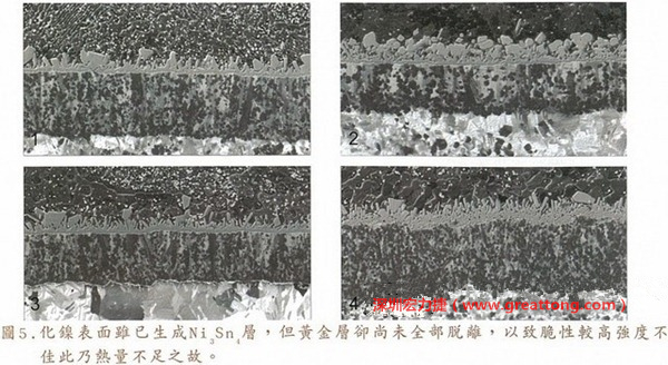 下面四圖顯示，當(dāng)焊接的熱量不足或未持續(xù)時(shí)，雖然Ni3Sn4的薄薄IMC層已經(jīng)生成而焊牢，但也會(huì)因?yàn)锳uSn及AuSn2還未來得及逸走，而停留在共金介面附近，當(dāng)有外力拉扯的時(shí)候，就很容易斷裂開來。這就是為何ENIG的焊點(diǎn)強(qiáng)度，始終不如銅面焊點(diǎn)(Cu6Sn5)來得更為牢固的主因之一。