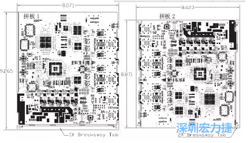如圖7所示是使用不同數量邊條的拼板，拼板1僅使用了一個邊條，直接利用PCB另一邊作為SMT工藝傳送邊，并且PCB圖形中有合適的安裝孔；而拼板2則是按常規(guī)設計了兩個邊條。拼板方式為連接筋。圖中“Breakaway Tab”指邊條-深圳宏力捷