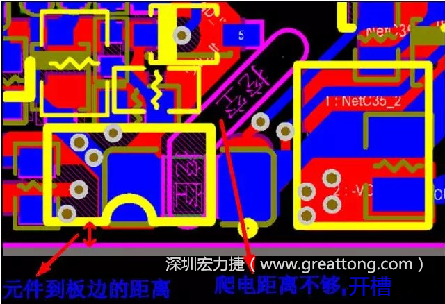 如果碰到模塊PCB空間有限，爬電距離不夠，可以采用開槽的方式