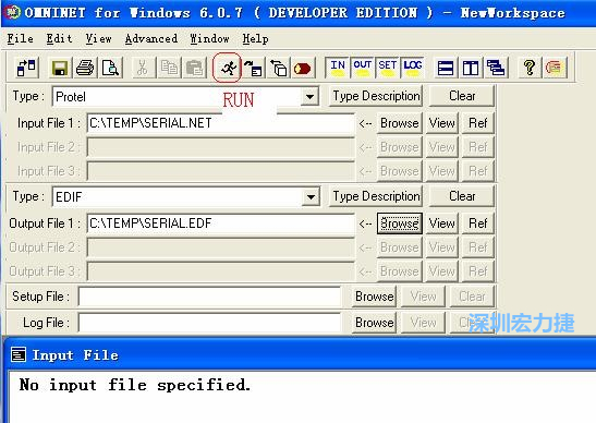 輸出文件類型(Type)選 EDIF。Output File 1 指定輸出文件的文件名和路徑。然后點擊 Run(跑動的小人)。