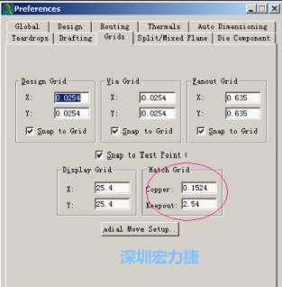  改銅皮的填充網(wǎng)格Global→Design Units，填充方向Drafting→Direction；Hatch Grid中Copper此數(shù)值為大銅箔中所填充的線條中心到中心的距離。