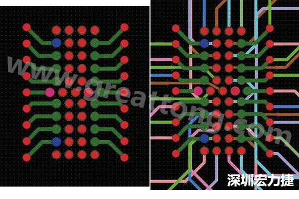 圖7：焊盤內過孔用于內部，而外部接腳在0.5mm閘格上扇出。圖7a顯示的是頂層(左)；圖7b顯示頂層和內部布線層(右)。