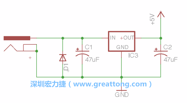 新增RBBB→Power_Jack，將它放在電壓調(diào)整器的輸入端旁邊。