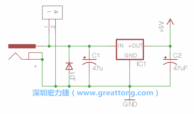 2.5.    新增一個二極體，它會以水平的狀態(tài)出現(xiàn)在屏幕上，請使用「旋轉(zhuǎn)（Rotate）」工具把它負極那一面朝上，并且用「網(wǎng)絡(luò)連接」工具將它連接在電壓調(diào)整器的輸入端和接地端之間。