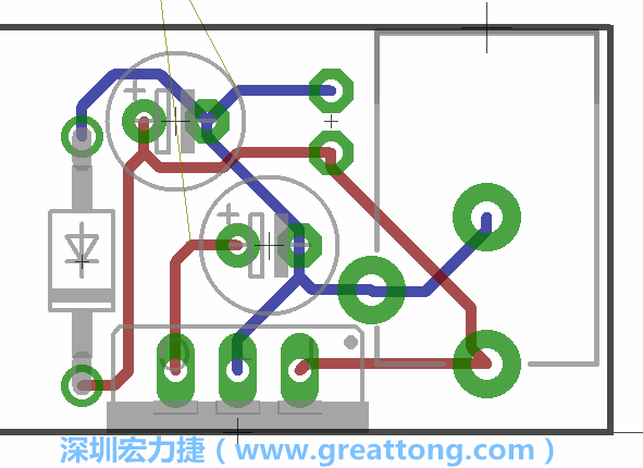 接地連結(jié)點(diǎn)的布線情形如下圖所示，利用這個(gè)練習(xí)來避免電路連線銳角化的產(chǎn)生是一個(gè)不錯(cuò)的選擇，你可以在工具列中的彎曲線路（Wire Bend）選項(xiàng)里改變各種布線的變化。