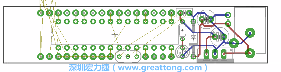 將ATmega微控制器、三個(gè)GPIO排針（JP2, JP3, JP4）和諧振器（resonator）排置如上圖所示。