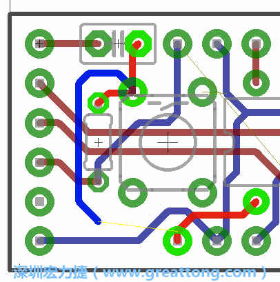 要在電路板正面進(jìn)行+5V信號(hào)線連結(jié)和其他連結(jié)點(diǎn)的布線工作是非常容易的，而重置信號(hào)線（信號(hào)線用來連結(jié)電路板正面左邊的重置開關(guān)）需要經(jīng)過一個(gè)可以通過電路板正反兩面的電路通道，這個(gè)通道是一個(gè)可以讓電路板正反兩面線路連接的一個(gè)小孔。