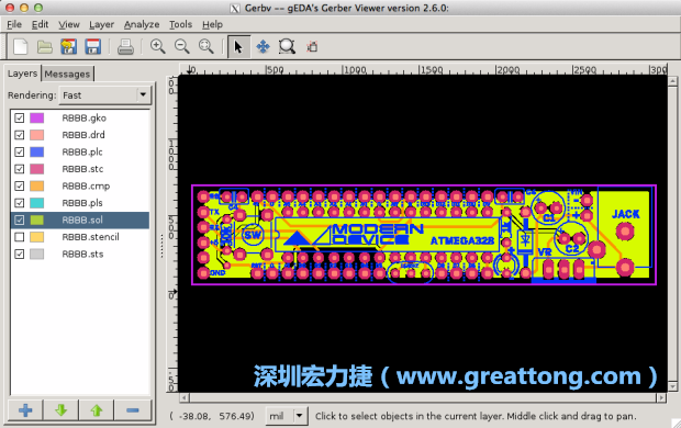 將圖層匯入你的Gerber預(yù)覽工具內(nèi)（下圖為Gerbv），我通常會從上到下重新排列它們的順序，好讓我比較好校對：