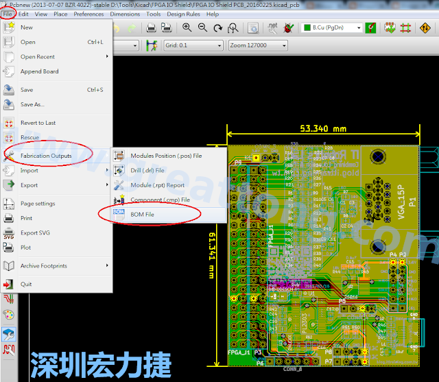 在Kicad的PCB Editor, 點(diǎn)選 File->Fabrication Outputs->BOM File, 即可產(chǎn)生一個(gè) .csv 的Excel 檔案。