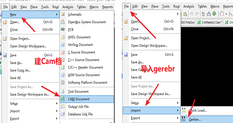 在File下新建 Cam檔，建后再File下導(dǎo)入Gerber文件，選擇所有文件導(dǎo)入gerber。