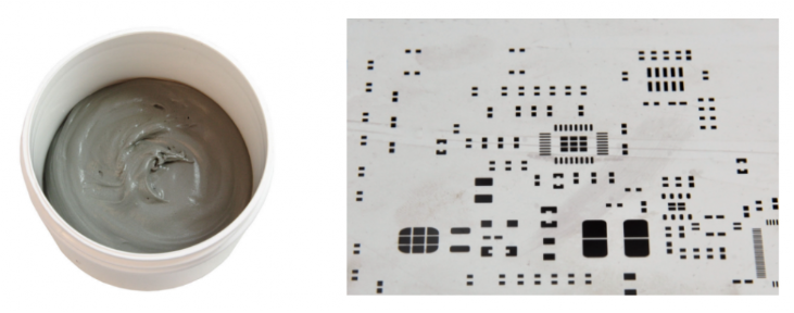 焊膏（左），PCB模板激光切割孔（右）